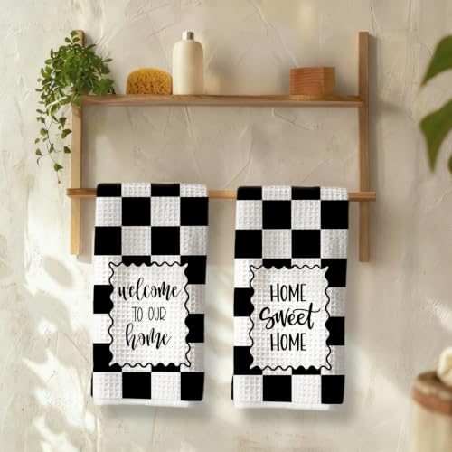 Black White Check Welcome Home Sweet Home Kitchen Towels Set of 2 - color: Sweet Home D