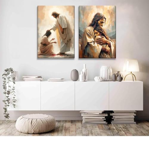 2Pcs Christian Wall Art Jesus Hug Woman Wall Decor Safe Haven Poster Canvas Print Christian Spiritual Painting Bible Art Picture Jesus and Girl Mural for Living Room Bedroom Office 12x16in Canvas - size: 12L" x16W"