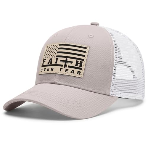 Faith Over Fear Christian Hats for Men Women, American Flag Trucker Hat, Religious Gifts for Thanksgiving Christmas - color: Beige