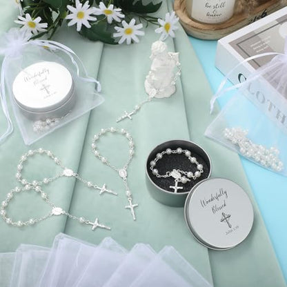 Quelay 24 Set First Communion Favor Baptism Include Catholic Rosary Jewelry Keepsake Boxes Organza Bags for Baptism Christening Memorial Catholic Gifts Recuerdos De Primera Comunion