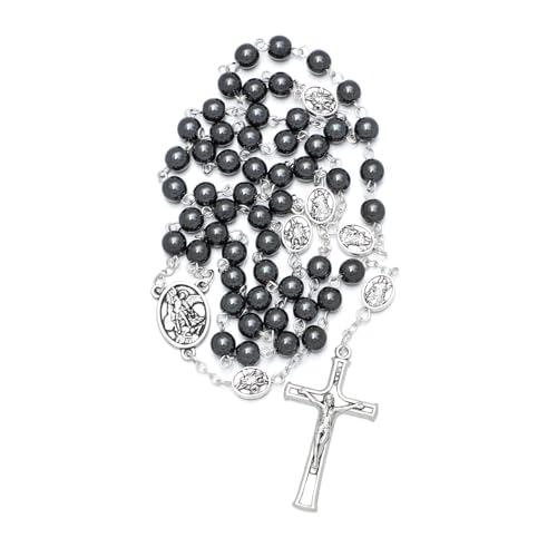 KOMI 6mm Glass Pearl Rosary Beads Catholic for Women with Metal Rosary Box Religious Gifts - style: St Michael-hematite