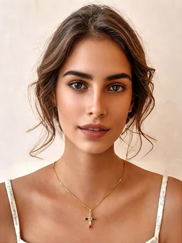 Gold Cross Necklace for Women, 14K Gold Plated - style: colorful zircon