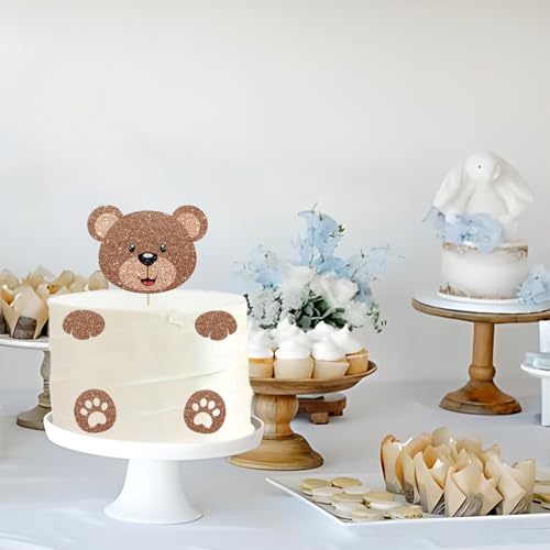 Bear Face Cake Topper, Bear Baby Shower Cake Decor, Brown Glitter Cute Animal Cake Topper for Boy, Beary First Birthday Party Decoration - style: Cute Bear