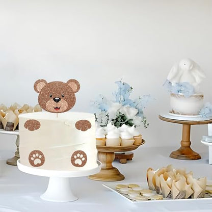 Bear Face Cake Topper, Bear Baby Shower Cake Decor, Brown Glitter Cute Animal Cake Topper for Boy, Beary First Birthday Party Decoration - style: Cute Bear