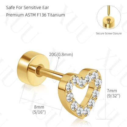 XUU 20G Flat Back Stud Earrings ASTM F136 Titanium & Sparkling CZ - color: gold heart