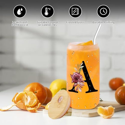 Monogrammed Glass Drinking Cup With Bamboo Lid Straw Customized Iced Coffee Tumbler 16oz Clear Mason Jar Beer Water Smoothie Cocktail Accessories Cool Cute Mug Gift Vasos De Vidrio Con Tapa Popote,A - style: Letter A