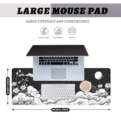 Moon Mountain Gaming Mouse Pad Black White Landscape Zen Mountain Mousepad Extended Large Laptop Keyboard Non-Slip Rubber Base with Stitched Edges 31.5x11.8 Inch - color: Moon Mountain, size: 31.5" x 11.8"