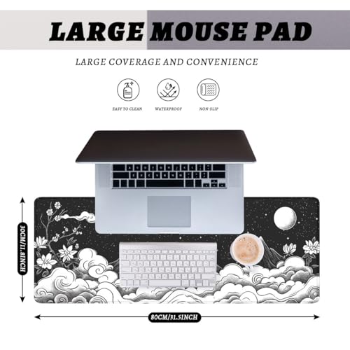 Moon Mountain Gaming Mouse Pad Black White Landscape Zen Mountain Mousepad Extended Large Laptop Keyboard Non-Slip Rubber Base with Stitched Edges 31.5x11.8 Inch - color: Moon Mountain, size: 31.5" x 11.8"