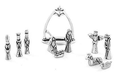Nativity Set with Chreche Mini Pewter Figurine 11 Pc Set with Velvet Pouch