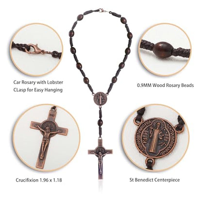 KOMI 2 PCS Wood Rosary Beads for Car Rearview Mirror, Handmade Wooden Rosary with St Benedict Medal and Crucifix Cross Car Rosaries Catholic Gifts - size: 2 pieces Wood