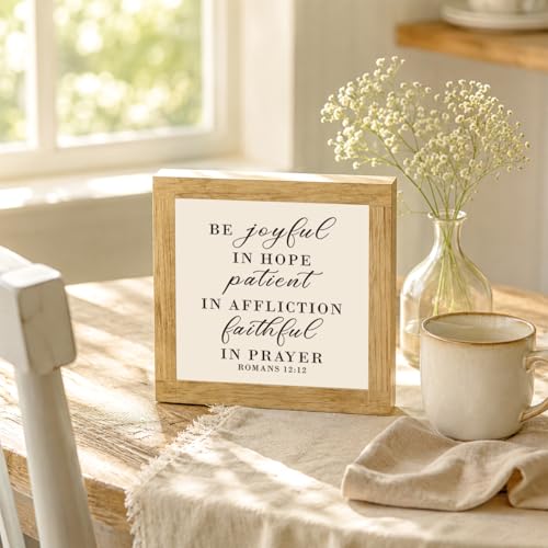Christian Home Decor, Romans 12:12 Scripture Sign, Joyful Hope Prayer Quote Rustic Wooden Sign for Bedroom Office Tabletop Display, Housewarming Gift, Holiday Gift, 5.9 x 5.9 in - color: Religion Sign 10