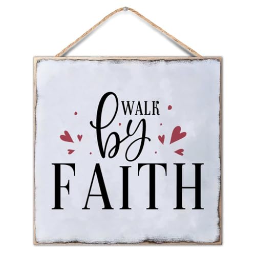 Bible Verse Sign Walk by Faith Inspirational Quote Board 12x12 Inch Christian Religious Gifts Vintage Wall Art Sign for Home Or Office Decor Bedroom Decorative Signs - color: Wooden Color-style-3