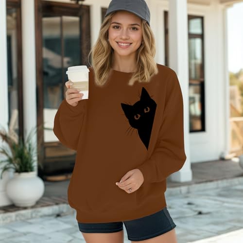 Cat Sweatshirts for Women Graphic Print Sweatshirt Funny Long Sleeve Shirt Cute Pullover Lightweight Hoodie Tops - color: Brown, size: Small