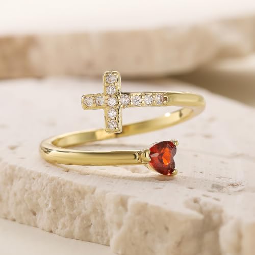 14K Gold Plated CZ Cross Heart Ring Eternity Promise Jewelry for Her - style: Orange Red Stone