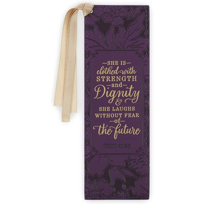 Christian Art Gifts Premium Faux Leather Bookmark: Strength & Dignity - color: Purple Floral/Strength & Dignity