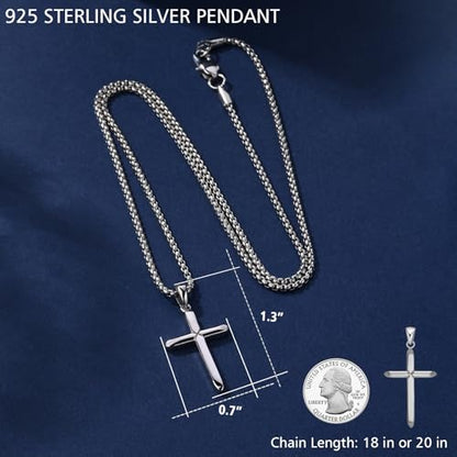 Small Dainty Cross Pendant Necklace 925 Sterling Silver for Women with 18", 20" Sturdy Chain 14K White Gold Plated - size: 18" Chain, style: Slim