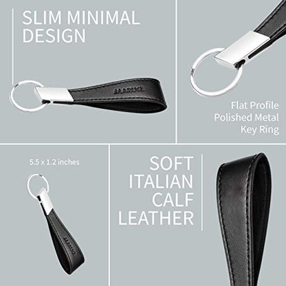 Maruse Italian Leather Keychain for Men and Women, with Flat Profile Polished Metal Key Ring, Handmade in Italy - color: Black