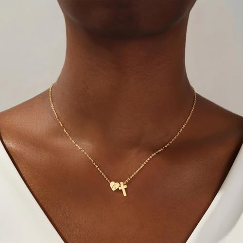 Ritach Cross Initial Necklaces for Women Girls - 14K Gold Plated Initial Heart Necklace Dainty Gold Cross Pendant Necklace Birthday First Communion Baptism Christian Gifts for Women Kids Teen Girls - color: T