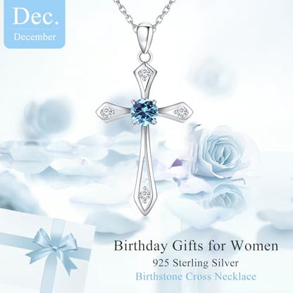 Cross Necklace for Women,925 Sterling Silver Faith Jewerly Gift - color: 12-December-Blue Topaz