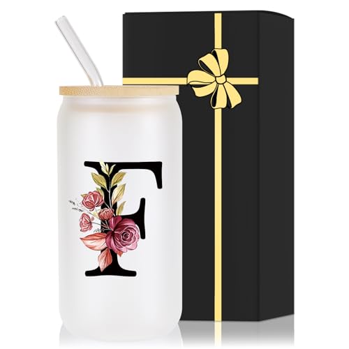 Monogrammed Glass Drinking Cup With Lid Straw Women Gift Flight Attendant Pet Sitter Secretary Hairdress Caregiver Musicians Dancer Cheerleaders Hairstylist Nanny Hair Stylist Nail Technician,F - style: Letter F