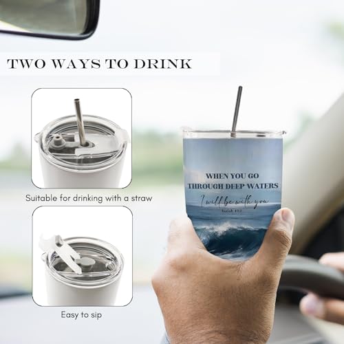 Christian Coastal Beach 20oz Travel Coffee Mug Tumbler, Gifts for Beach Lovers, Bible Verse Ocean Waves Seascape Religious Stainless Steel Tumbler with Lid and Straw - color: Deepwater