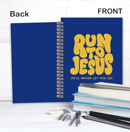 Yellow and Blue Christian Spiral Notebook, Run to Jesus Bible Verse Journal, Religious Scripture Journals for Writing, Bible Notebooks for Note Taking, Church Notes Journal, 5.5x8.3 Inch - color: God-Yellow and Blue