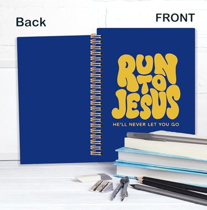 Yellow and Blue Christian Spiral Notebook, Run to Jesus Bible Verse Journal, Religious Scripture Journals for Writing, Bible Notebooks for Note Taking, Church Notes Journal, 5.5x8.3 Inch - color: God-Yellow and Blue