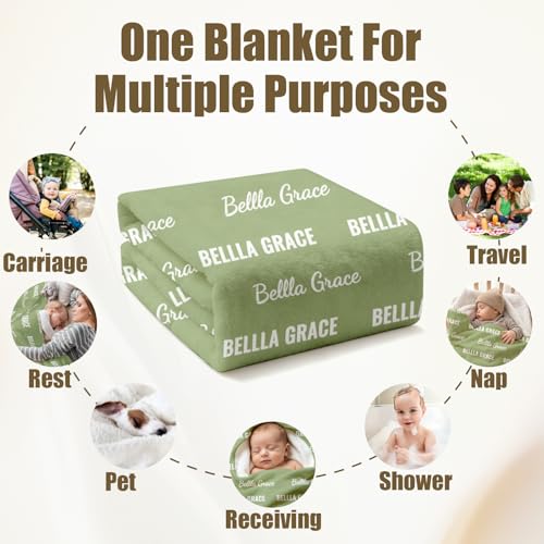 Ships Next Day, Personalized Baby Blanket with Name - Custom Newborn Hospital Swaddle Blanket, Super Soft Plush Flannel Baby Gift for Birth Announcement Shower Easter Gifts for Toddler Kids - color: Light Green