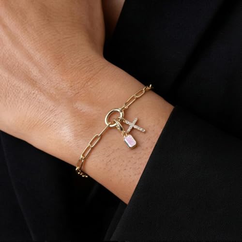 Free bird 14K Gold Cross Birthstone Bracelets for Women Dainty Charm - color: 10-Oct.