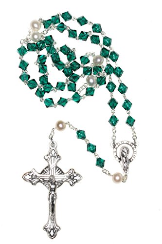 Catholic Prayer Rosary Created with Swarovski® Crystals-Glass-Silver-Gold - color: Emerald - May - SILVER