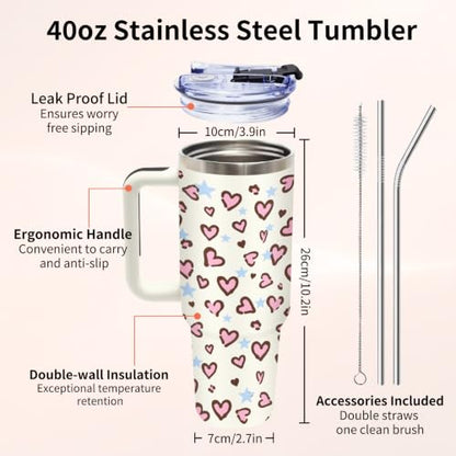 Pink Heart 40oz Tumbler with Handle and Straw, Cute Heart Gifts for Women - color: Leopard1
