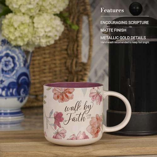 Christian Art Gifts Inspirational Scripture Ceramic Coffee & Tea Mug for Women: Walk by Faith Encouraging Bible Verse, Shiny Foil Accents, Sturdy Handle, White & Pink Multicolor Floral, 14 oz.