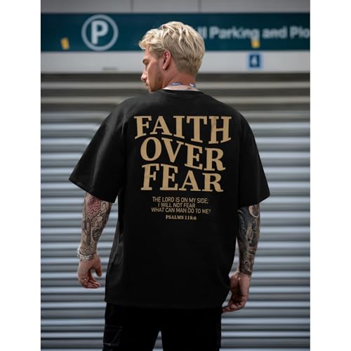 BANGELY Faith Over Fear Shirt Men Graphic Shirts Oversized Workout Gym Jesus Christian Religious Tees Short Sleeve Tops - color: Black, size: XX-Large