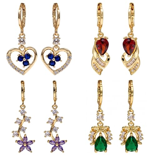18K Gold Plated, Dangle Earrings for Women, Flower/Heart Drop earrings, Hypoallergenic Cubic Zirconia Earrings, Lightweight, Party, gold earrings, Jewelry for Gifts, Fashion - style: Drop-BigGems-01