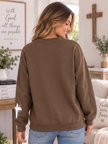 MOUSYA Women Christian Sweatshirt Psalms 91 Sleeve Print Sweatshirt Bible Verse Pullover - color: Brown-412, size: Medium