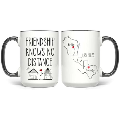 Personalized Friendship Knows No Distance Mug - Personalized Long Distance State To State - Moving Away Cup - Bestie Birthday Gift - Custom Map State Distance Coffee Cup - color: DISTANT-MAP-M5