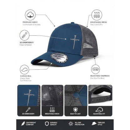 Christian Hats for Men Women,Jesus 3 Nail Cross Hat Christian Religious Gifts for Birthday/Christmas,Black and Silver - color: 07.blue-silver