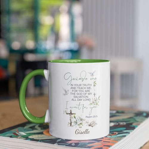 Flower And Cross Accent Cup, Custom Name Religious Mug, Christian Themed Cup 11oz 15oz, Personalized Bible Coffee Mug, Gift For Women On Holiday, Customized Christian Ceramic Mug - color: XUA-624-2341-Guide Me Psalm