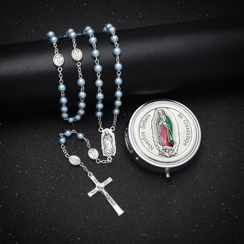 KOMI 6mm Glass Pearl Rosary Beads Catholic for Women with Metal Rosary Box Religious Gifts - style: Guadalupe-blue