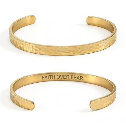 Inspirational Bible Verse Cuff Bracelet for Women, 18K Gold Plated Hammered Bangle, Christian Faith Jewelry Gift, Adjustable Non Tarnish - color: FAITH OVER FEAR-Hammered Gold