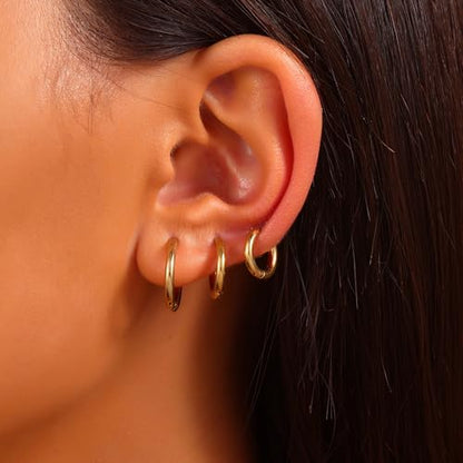 18K Gold Plated Hoop Earrings for Women, NICKEL-FREE & HYPOALLERGENIC, Timeless Jewelry Gift - color: Gold-6pcsE