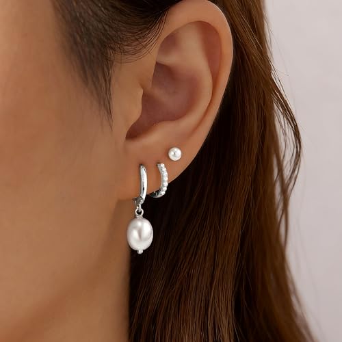 14K Gold Planted Seashell Starfish Stud dangle Earrings for Women, Summer Beach Hoop Earrings for Multiple Piercing Cartilage, Dainty Trendy Dangling Earring 3 Pairs Set Vacation Ocean Outfits Accessories Jewelry - color: Pearl-Silver