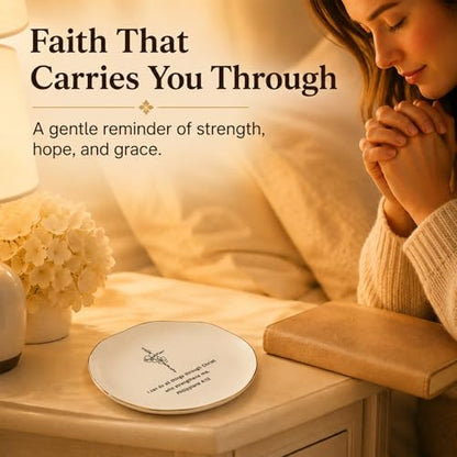 Christian Jewelry Dish with Bible Verse Ring Dish, Inspirational Scripture Ceramic Trinket Tray, Religious Gift for Women, Christian Gift for Friend - color: I Can Do All Things Through Christ Who Strengthens Me