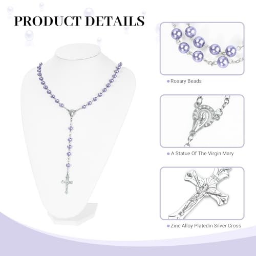 Purple Pearl-Style Rosary Necklace with Metal Gift Box, 8mm, 22 Inch - color: Purple