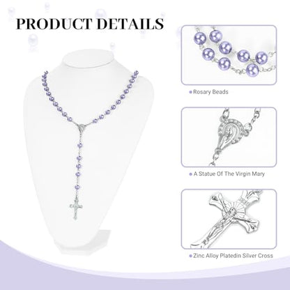 Purple Pearl-Style Rosary Necklace with Metal Gift Box, 8mm, 22 Inch - color: Purple