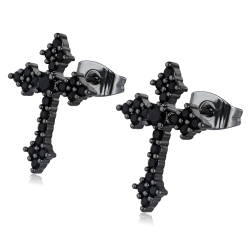 Cross Stud Earrings for Men Women S925 Silver Post CZ Sparkle - color: Black