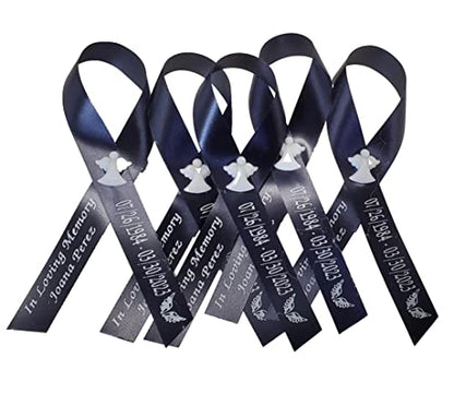 Personalized Memorial Service Funeral Ribbon Pins 20 Cross Religious Celebration of Life Custom Made Awareness Remembrance Anniversary Death Cross Sympathy Name Angel - color: Navy