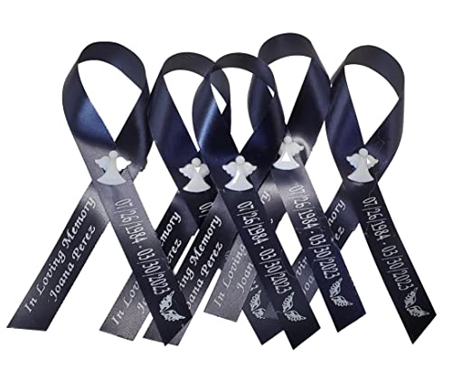 Personalized Memorial Service Funeral Ribbon Pins 20 Cross Religious Celebration of Life Custom Made Awareness Remembrance Anniversary Death Cross Sympathy Name Angel - color: Navy