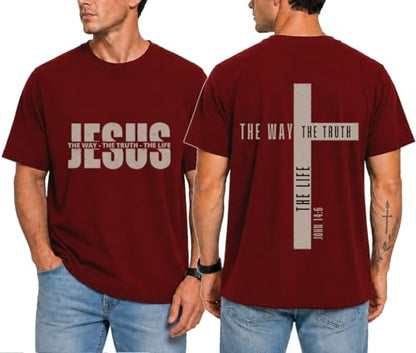 Christian Shirts for Men Jesus T Shirt The Way The Truth The Life Shirts - color: Claret, size: Large