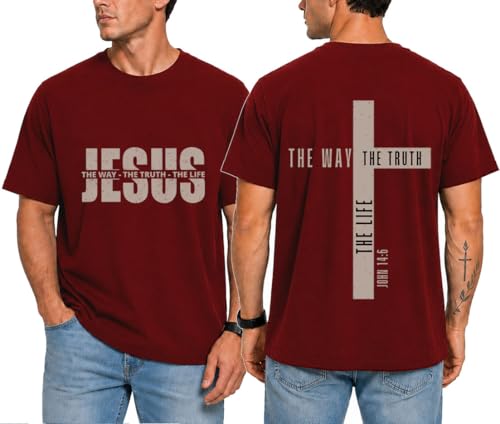 Christian Shirts for Men Jesus T Shirt The Way The Truth The Life Shirts - color: Claret, size: Small